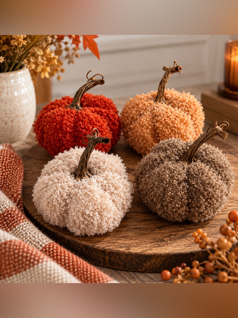 Handcrafted Plush Decorative Pumpkins - Set of 4 (Red, Orange, Cream, Brown)